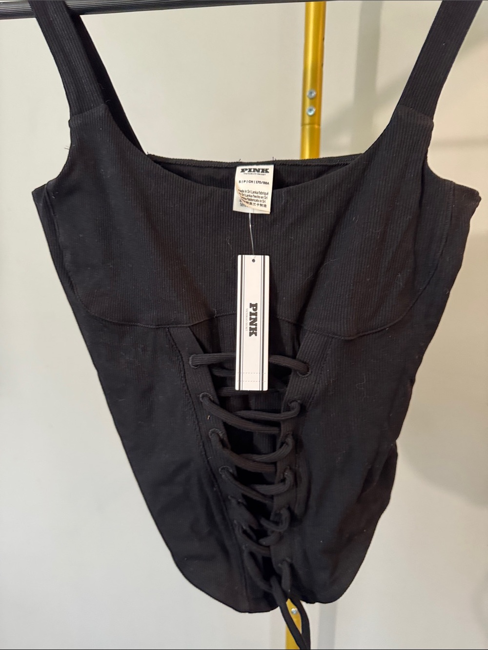 PINK Black Lace-Up Ribbed corset Tank NWT S - Picture 3 of 9